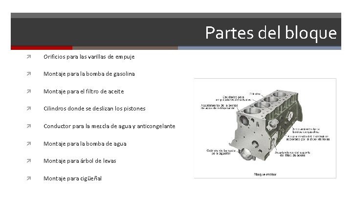 Partes del bloque Orificios para las varillas de empuje Montaje para la bomba de