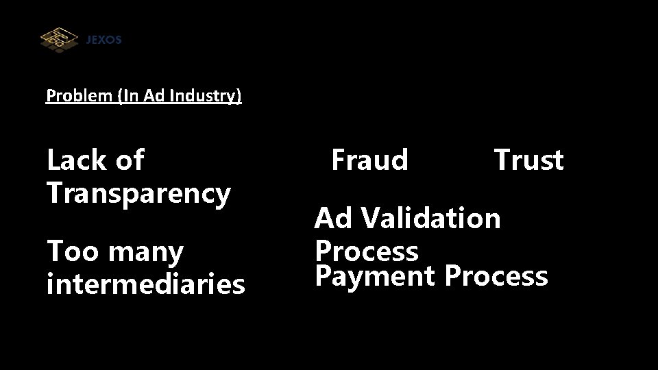 Problem (In Ad Industry) Lack of Transparency Too many intermediaries Fraud Trust Ad Validation