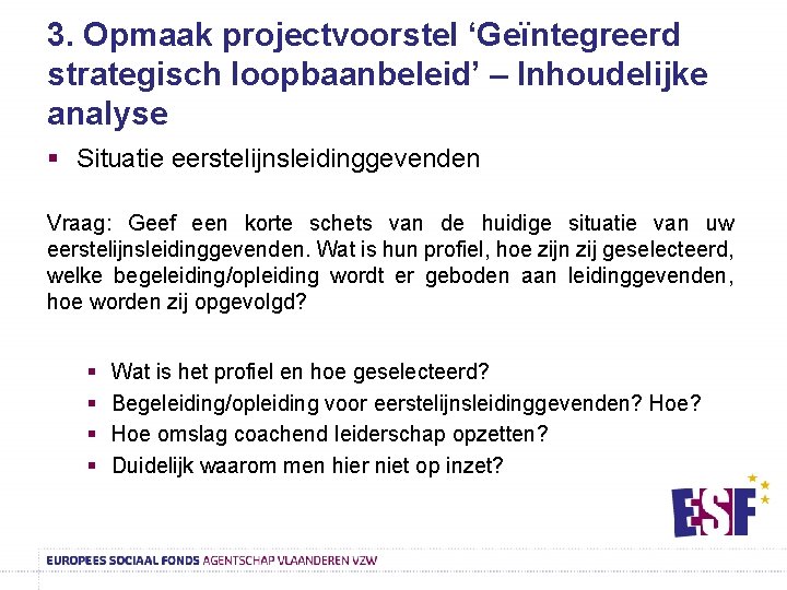 3. Opmaak projectvoorstel ‘Geïntegreerd strategisch loopbaanbeleid’ – Inhoudelijke analyse § Situatie eerstelijnsleidinggevenden Vraag: Geef