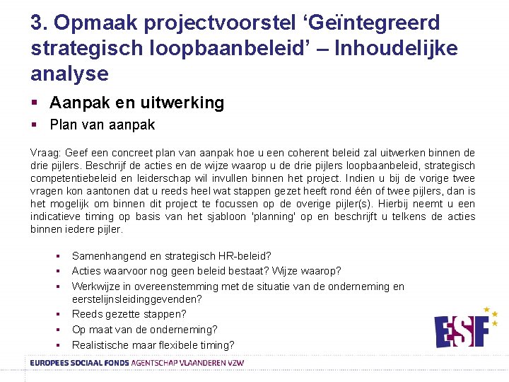 3. Opmaak projectvoorstel ‘Geïntegreerd strategisch loopbaanbeleid’ – Inhoudelijke analyse § Aanpak en uitwerking §