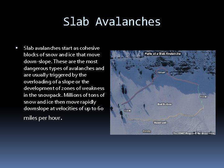 Slab Avalanches Slab avalanches start as cohesive blocks of snow and ice that move