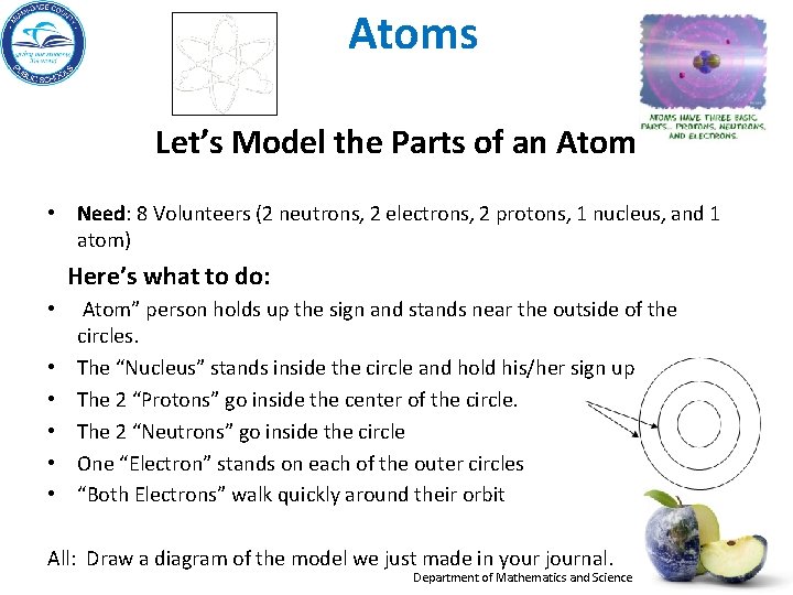 Atoms Let’s Model the Parts of an Atom • Need: 8 Volunteers (2 neutrons,