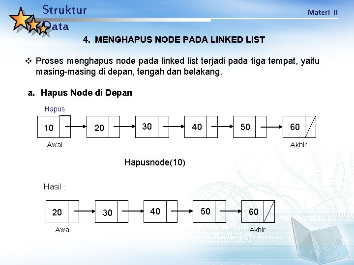 Struktur Data Materi II 4. MENGHAPUS NODE PADA LINKED LIST v Proses menghapus node