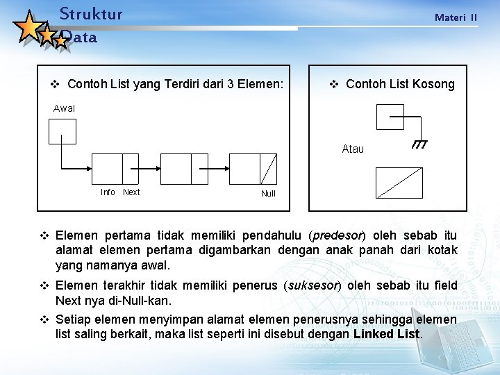 Struktur Data Materi II v Contoh List yang Terdiri dari 3 Elemen: v Contoh