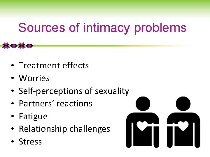 Sources of intimacy problems • • Treatment effects Worries Self-perceptions of sexuality Partners’ reactions