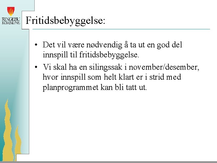 Fritidsbebyggelse: • Det vil være nødvendig å ta ut en god del innspill til