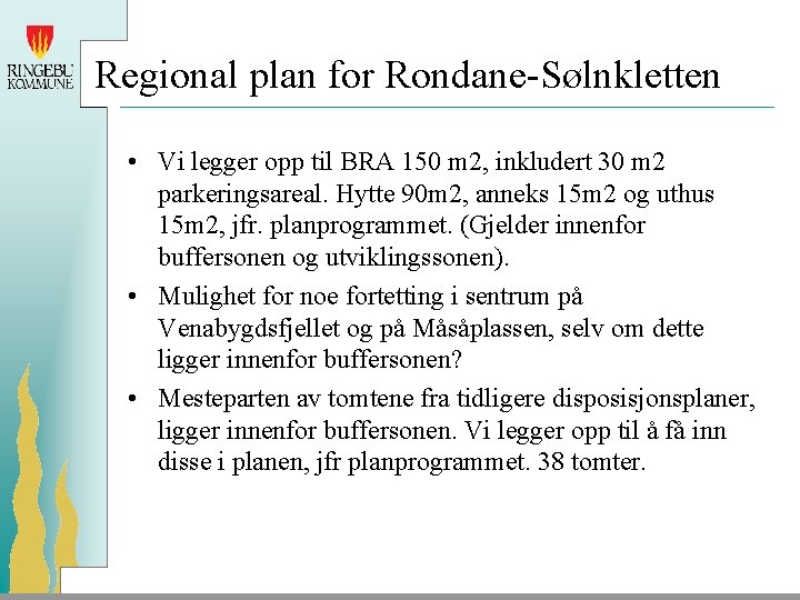 Regional plan for Rondane-Sølnkletten • Vi legger opp til BRA 150 m 2, inkludert