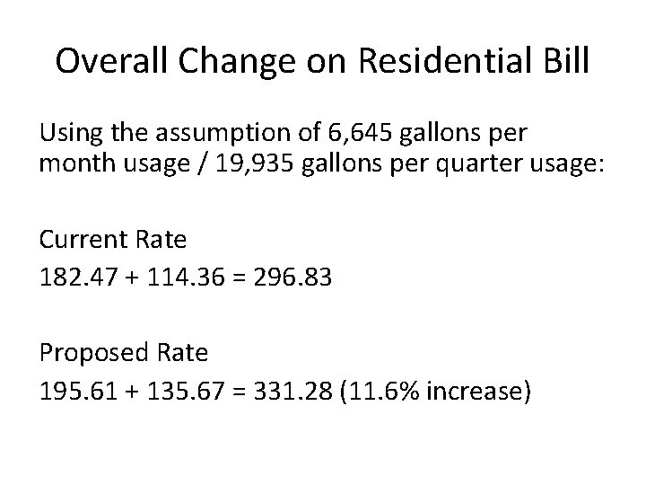 Overall Change on Residential Bill Using the assumption of 6, 645 gallons per month