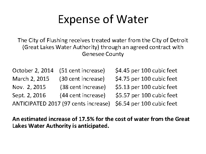 Expense of Water The City of Flushing receives treated water from the City of