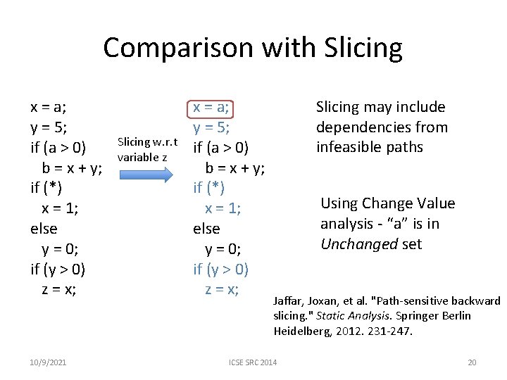 Comparison with Slicing x = a; y = 5; if (a > 0) b Comparison with Slicing x = a; y = 5; if (a > 0) b