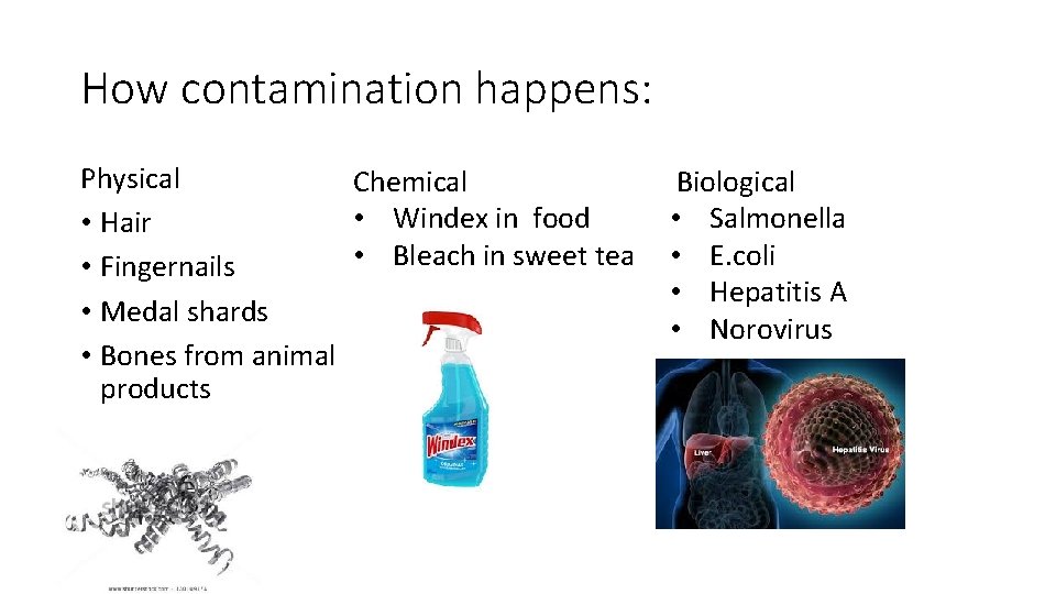 How contamination happens: Physical Chemical • Windex in food • Hair • Bleach in