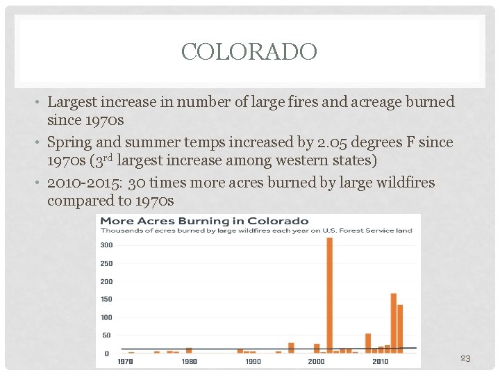 COLORADO • Largest increase in number of large fires and acreage burned since 1970