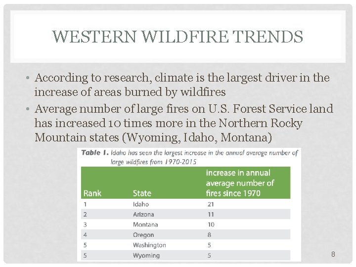 WESTERN WILDFIRE TRENDS • According to research, climate is the largest driver in the
