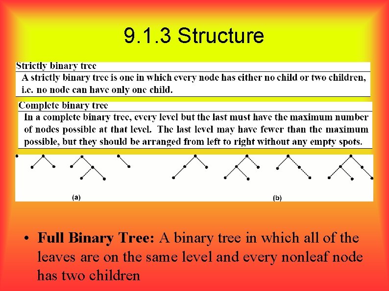 9. 1. 3 Structure • Full Binary Tree: A binary tree in which all