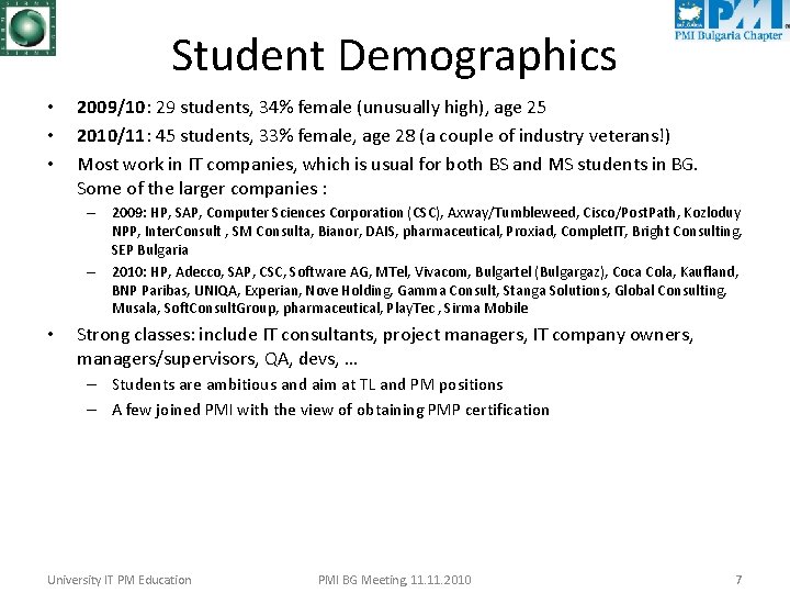 Student Demographics • • • 2009/10: 29 students, 34% female (unusually high), age 25