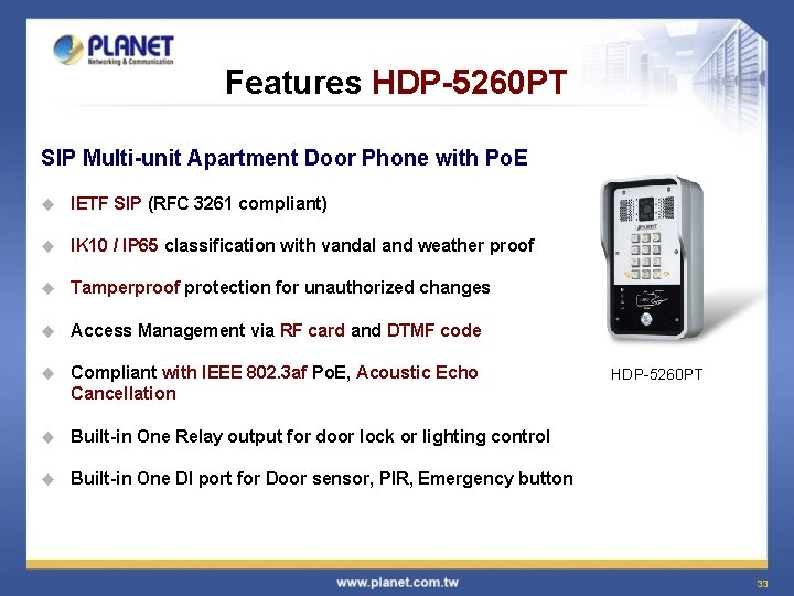 Features HDP-5260 PT SIP Multi-unit Apartment Door Phone with Po. E u IETF SIP