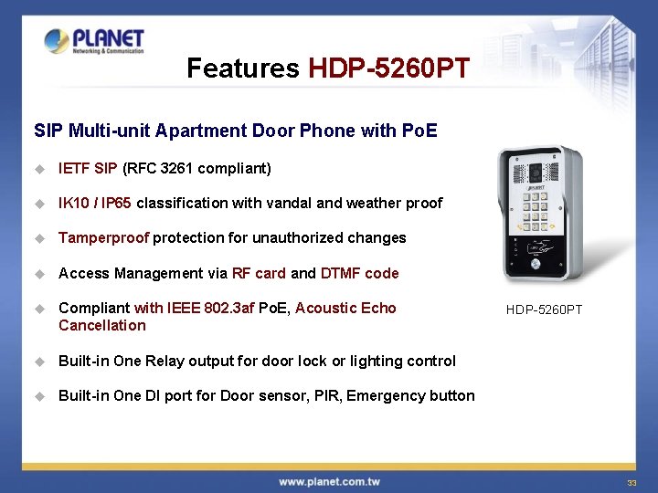 Features HDP-5260 PT SIP Multi-unit Apartment Door Phone with Po. E u IETF SIP