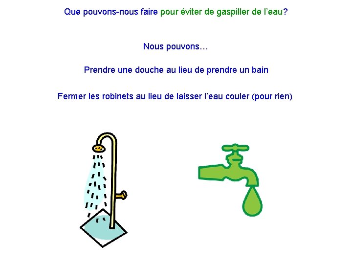 Que pouvons-nous faire pour éviter de gaspiller de l’eau? Nous pouvons… Prendre une douche