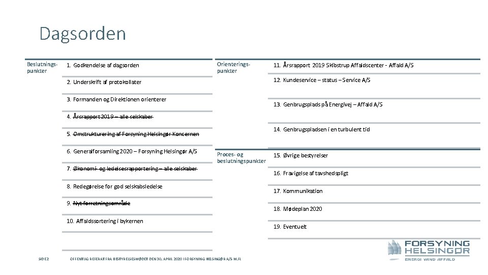 Dagsorden Beslutningspunkter 1. Godkendelse af dagsorden Orienteringspunkter 11. Årsrapport 2019 Skibstrup Affaldscenter - Affald