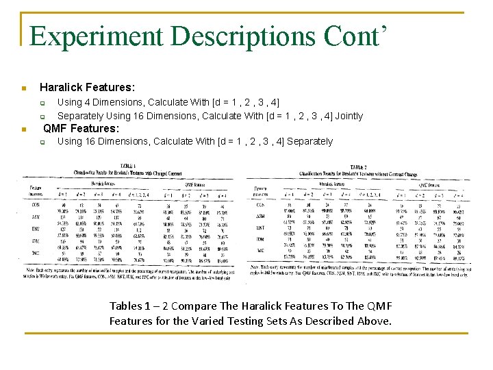 Experiment Descriptions Cont’ n Haralick Features: q q n Using 4 Dimensions, Calculate With