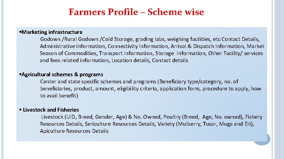 Farmers Profile – Scheme wise §Marketing infrastructure Godown /Rural Godown /Cold Storage, grading labs,