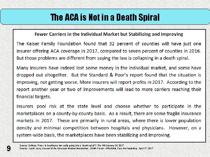 The ACA is Not in a Death Spiral 9 Source: Sullivan, Peter, Is healthcare