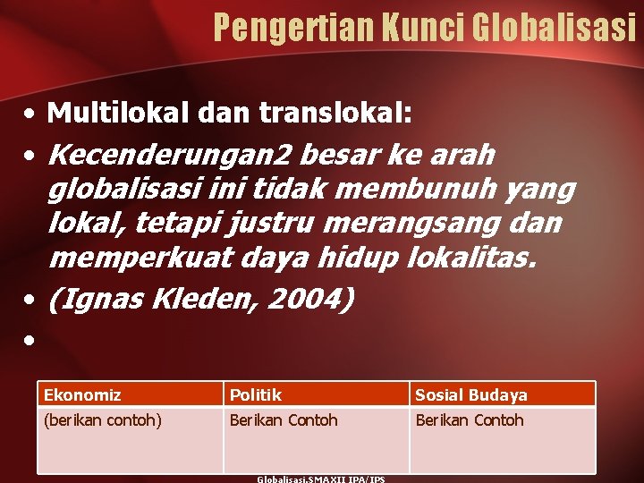 Pengertian Kunci Globalisasi • Multilokal dan translokal: • Kecenderungan 2 besar ke arah globalisasi