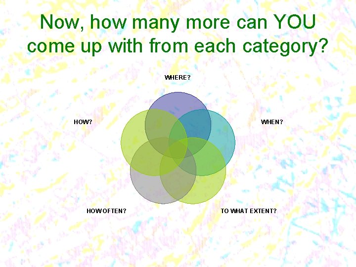 Now, how many more can YOU come up with from each category? WHERE? HOW