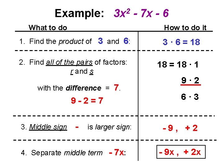 Example: 3 x 2 - 7 x - 6 What to do How to