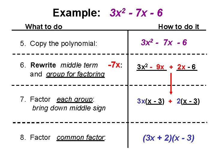 Example: 3 x 2 - 7 x - 6 What to do 5. Copy