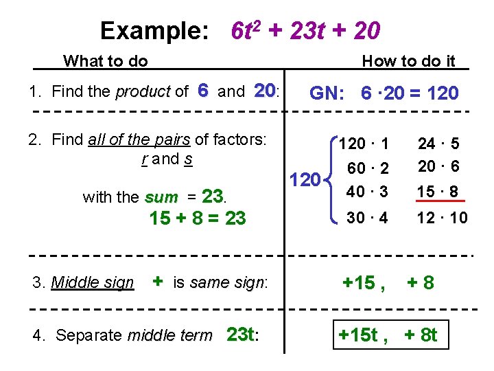 Example: 6 t 2 + 23 t + 20 What to do How to