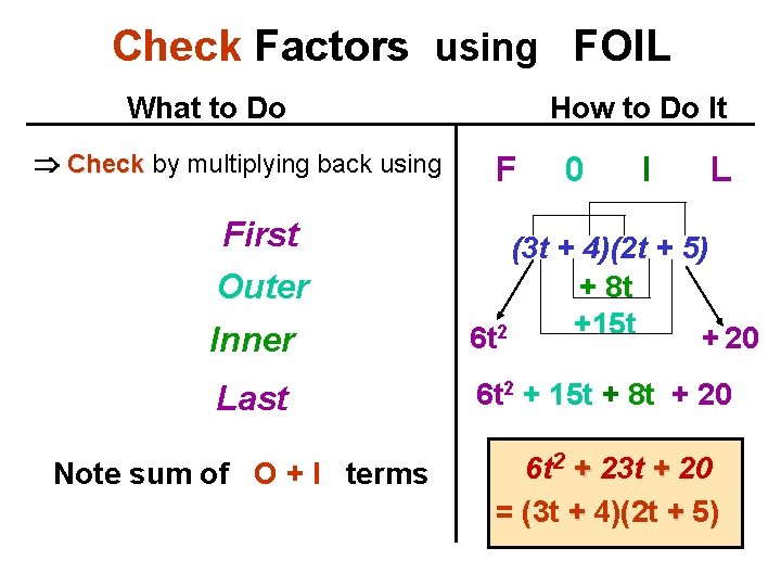 Check Factors using FOIL What to Do Check by multiplying back using First Outer
