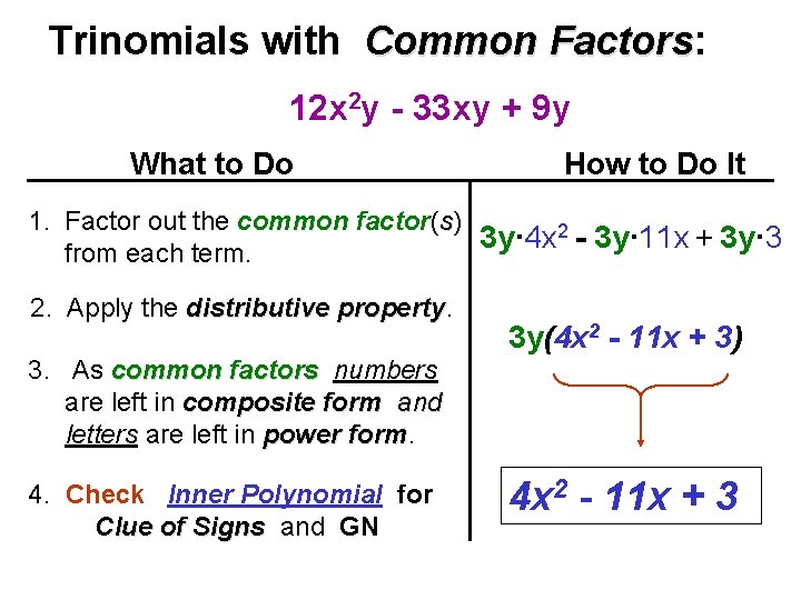 Trinomials with Common Factors: Factors 12 x 2 y - 33 xy + 9