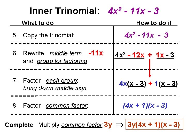 Inner Trinomial: 4 x 2 - 11 x - 3 What to do 5.