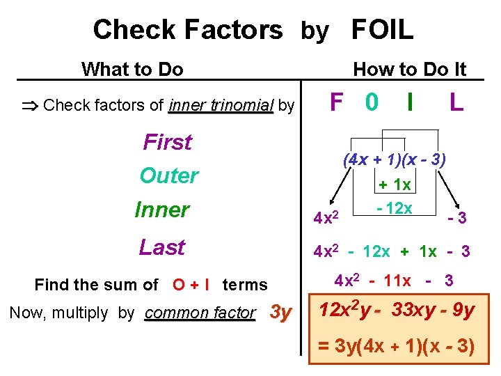 Check Factors by FOIL What to Do Check factors of inner trinomial by How