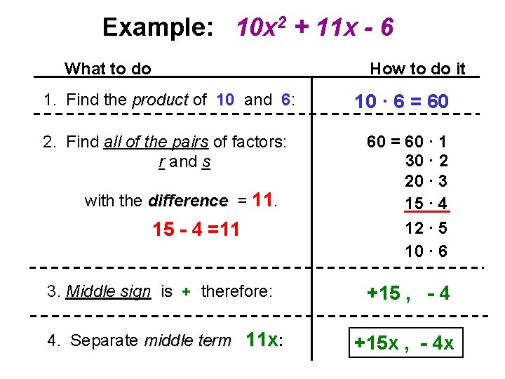 Example: 10 x 2 + 11 x - 6 What to do How to