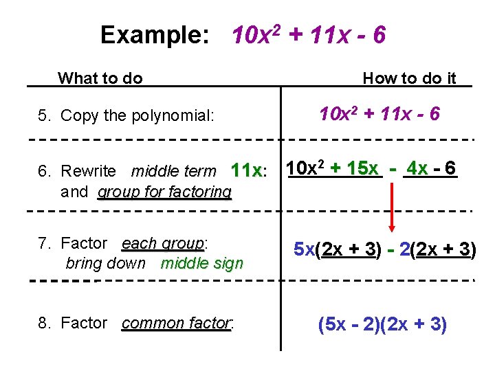 Example: 10 x 2 + 11 x - 6 What to do 5. Copy