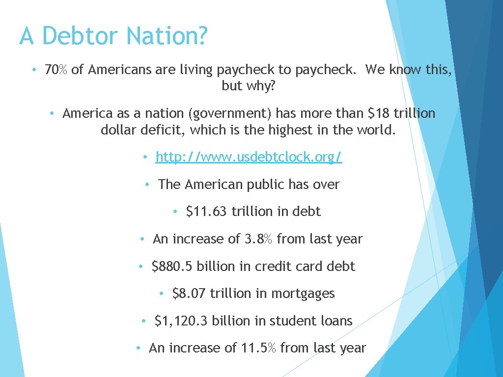 A Debtor Nation? • 70% of Americans are living paycheck to paycheck. We know