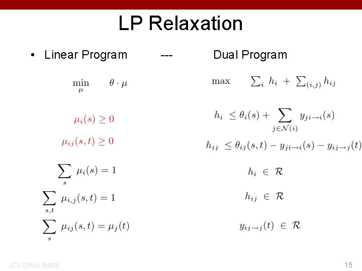 LP Relaxation • Linear Program (C) Dhruv Batra --- Dual Program 15 