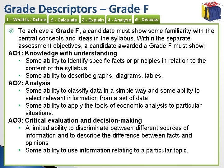 Grade Descriptors – Grade F 1 – What Is / Define 2 - Calculate