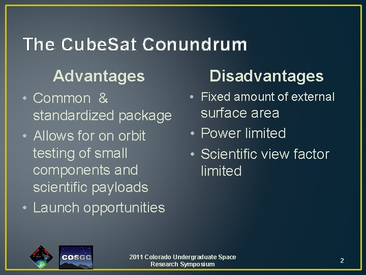 The Cube. Sat Conundrum Advantages • Common & standardized package • Allows for on The Cube. Sat Conundrum Advantages • Common & standardized package • Allows for on