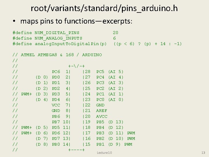 root/variants/standard/pins_arduino. h • maps pins to functions—excerpts: #define NUM_DIGITAL_PINS #define NUM_ANALOG_INPUTS #define analog. Input. root/variants/standard/pins_arduino. h • maps pins to functions—excerpts: #define NUM_DIGITAL_PINS #define NUM_ANALOG_INPUTS #define analog. Input.