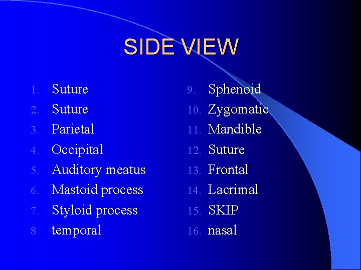 SIDE VIEW 1. 2. 3. 4. 5. 6. 7. 8. Suture Parietal Occipital Auditory