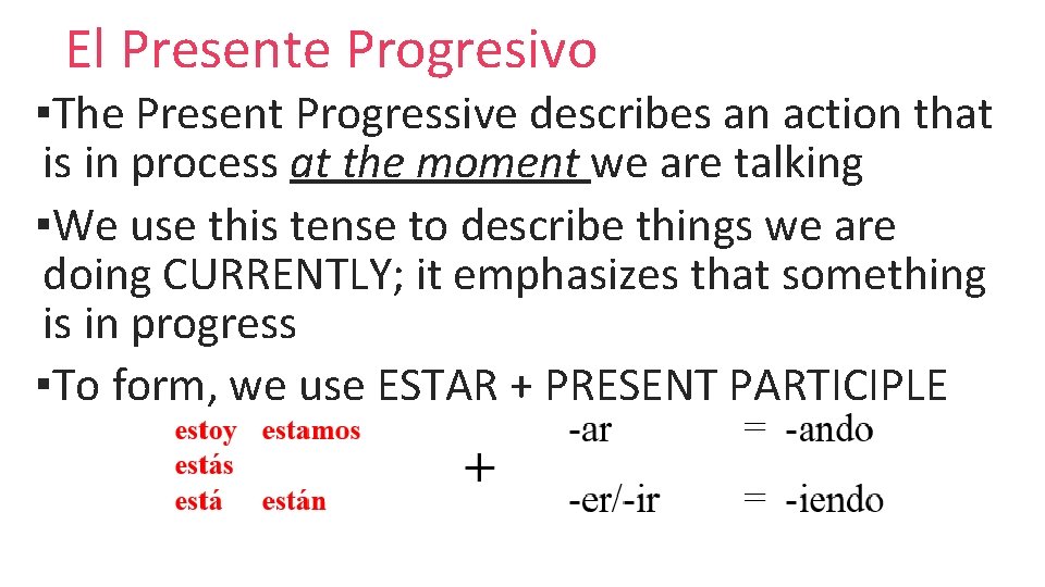 El Presente Progresivo ▪The Present Progressive describes an action that is in process at