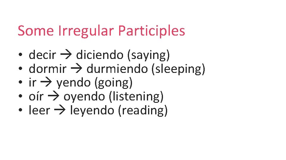 Some Irregular Participles • • • decir diciendo (saying) dormir durmiendo (sleeping) ir yendo