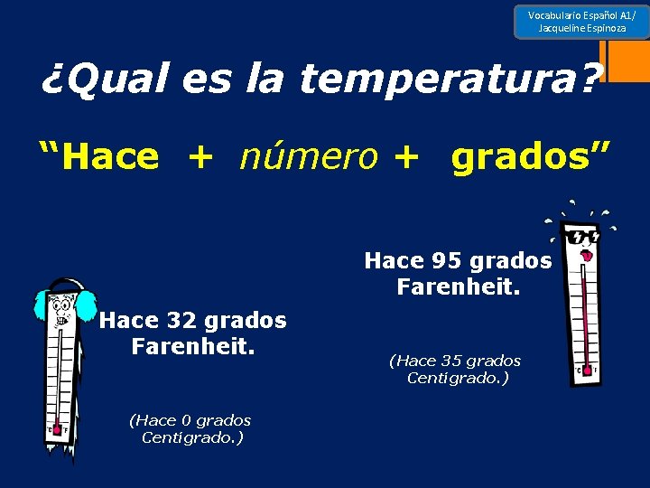 Vocabulario Español A 1/ Jacqueline Espinoza ¿Qual es la temperatura? “Hace + número +