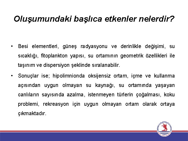 Oluşumundaki başlıca etkenler nelerdir? • Besi elementleri, güneş radyasyonu ve derinlikle değişimi, su sıcaklığı,