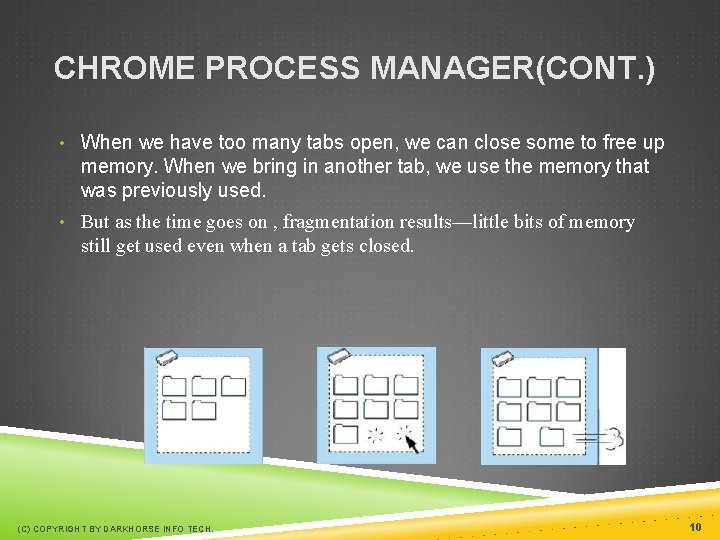 CHROME PROCESS MANAGER(CONT. ) • When we have too many tabs open, we can