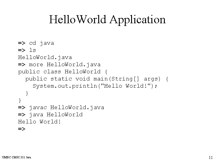 Hello. World Application => cd java => ls Hello. World. java => more Hello.