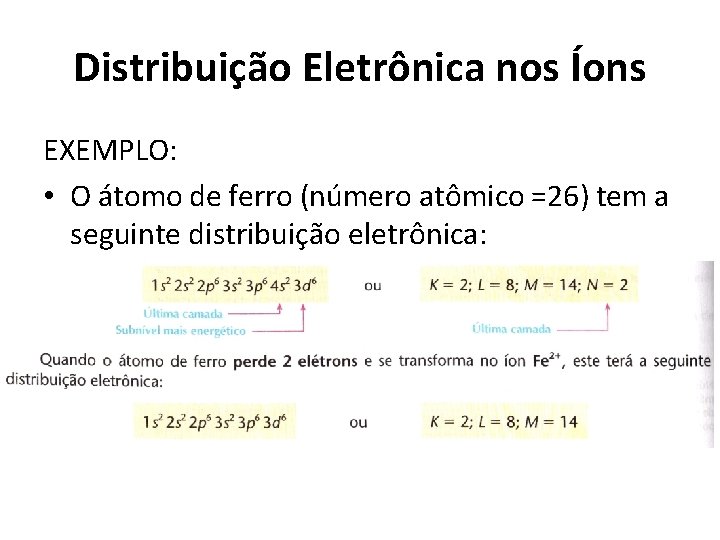 Distribuição Eletrônica nos Íons EXEMPLO: • O átomo de ferro (número atômico =26) tem Distribuição Eletrônica nos Íons EXEMPLO: • O átomo de ferro (número atômico =26) tem